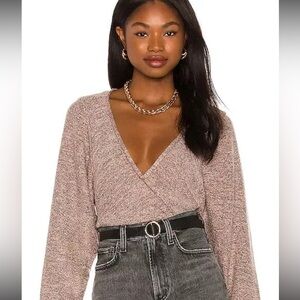 FREE PEOPLE L Going For Gold Wrap Sweater Dusty Rose Pink Knit Metallic V Neck